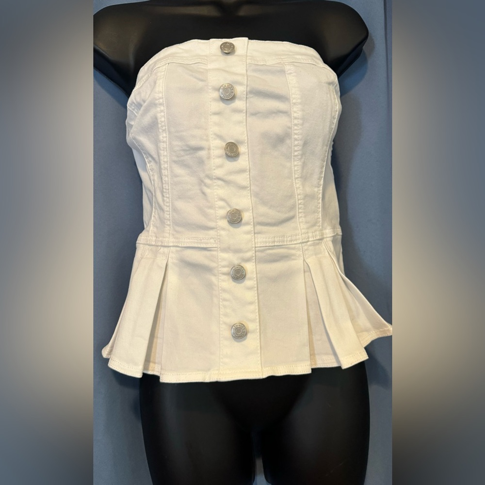 NY & Co White Denim Button-Up Peplum Top